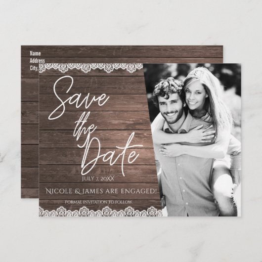 Carte Postale Faire-part Enregistrez la date Moderne Rustique Bois & Lace P (Devant / Derrière)