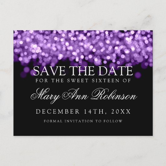 Carte Postale Faire-part Enregistrez la date Sweet 16 Lumières violettes sc (Devant)