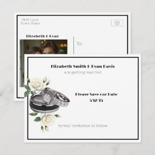 Carte Postale Faire-part Enregistrez la photo de date et anneaux de mariage