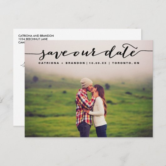 Carte Postale Faire-part Enregistrez notre date Photo Écriture Manuscrite N (Devant / Derrière)