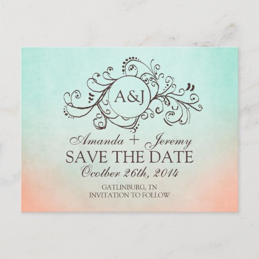 Carte Postale Faire-part Épargne Bohème Menthe Rustique et Pêche Save The D (Devant)