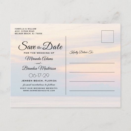 Carte Postale Faire-part Eté moderne Sunset String Lights Beach Wedding (Dos)