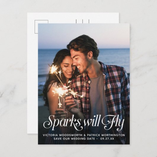 Carte Postale Faire-part Étincelles voleront Typographie Mariage Enregistre (Devant / Derrière)