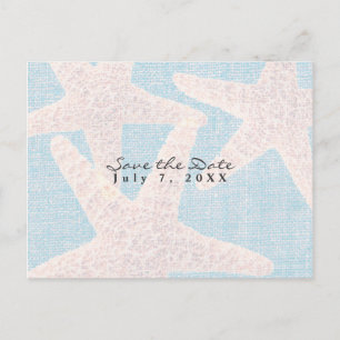 Carte Postale Faire-part Étoile de mer blanche et toile de jute bleue plage