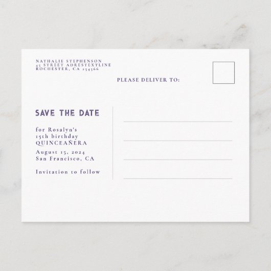 Carte Postale Faire-part Étoiles Céleste QUINCEANERA Enregistrer la Date Ph (Dos)