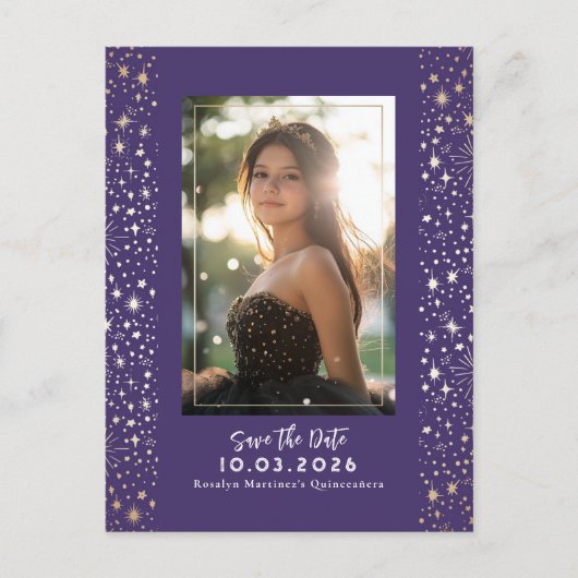 Carte Postale Faire-part Étoiles Céleste QUINCEANERA Enregistrer la Date Ph (Devant)
