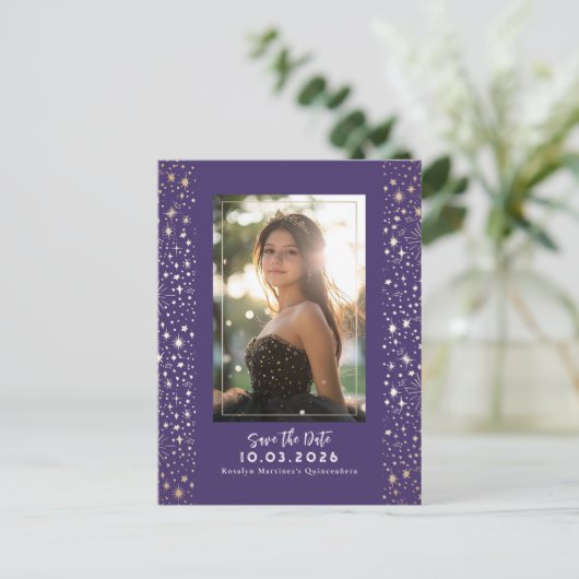 Carte Postale Faire-part Étoiles Céleste QUINCEANERA Enregistrer la Date Ph (Debout devant)