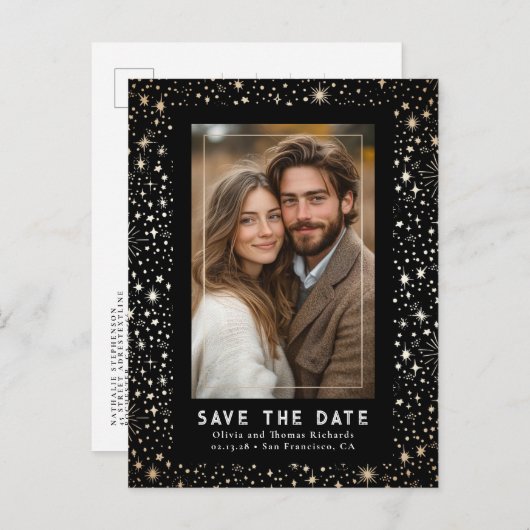 Carte Postale Faire-part Étoiles célestes Noir Mariage Enregistrer La Date  (Devant / Derrière)