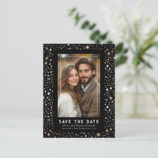 Carte Postale Faire-part Étoiles célestes Noir Mariage Enregistrer La Date (Debout devant)