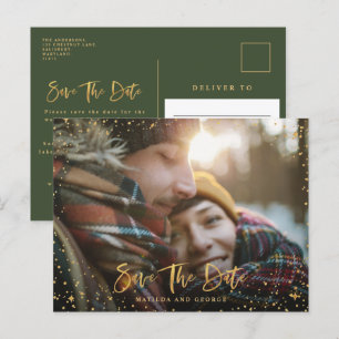 Carte Postale Faire-part Étoiles dorées script photo mariage moderne