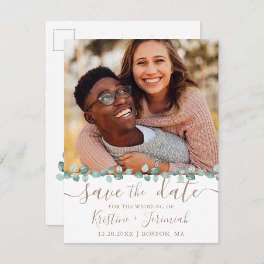 Carte Postale Faire-part Eucalyptus Aquarelle Verdure Photo Enregistrer la (Devant / Derrière)