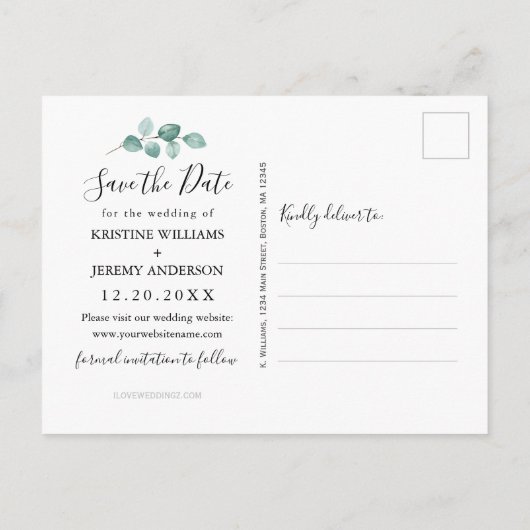 Carte Postale Faire-part Eucalyptus Aquarelle Verdure Photo Enregistrer la  (Dos)