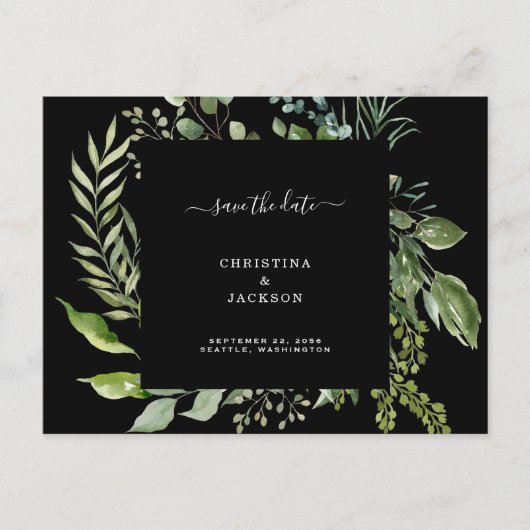 Carte Postale Faire-part Eucalyptus Black Mariage QR Code Enregistrer la da (Devant)
