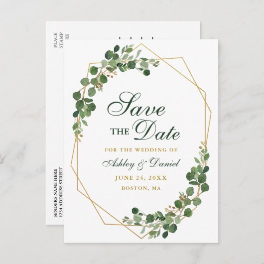 Carte Postale Faire-part Eucalyptus botanique vert Enregistrer la date Or (Devant / Derrière)