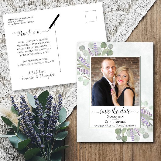 Carte Postale Faire-part Eucalyptus et mariage de la lavande Enregistrer la
