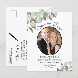 Carte Postale Faire-part Eucalyptus et Photo Mariage Blanc Enregistrez la D