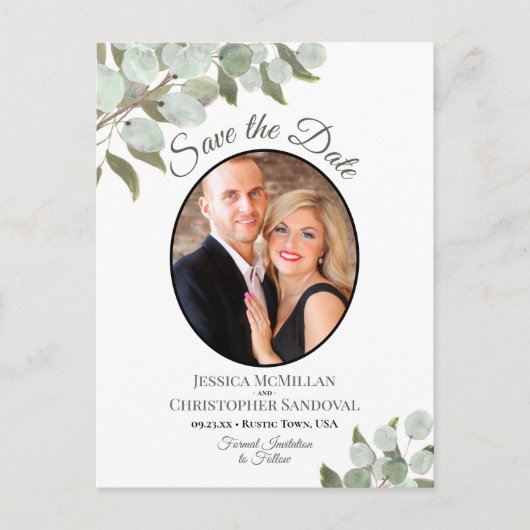 Carte Postale Faire-part Eucalyptus et Photo Mariage Blanc Enregistrez la D (Devant)