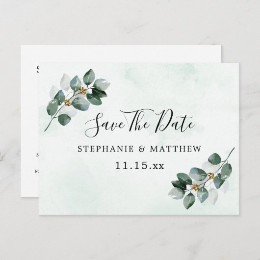 Carte Postale Faire-part Eucalyptus Feuilles Mariage Élégant Enregistrer La (Devant / Derrière)