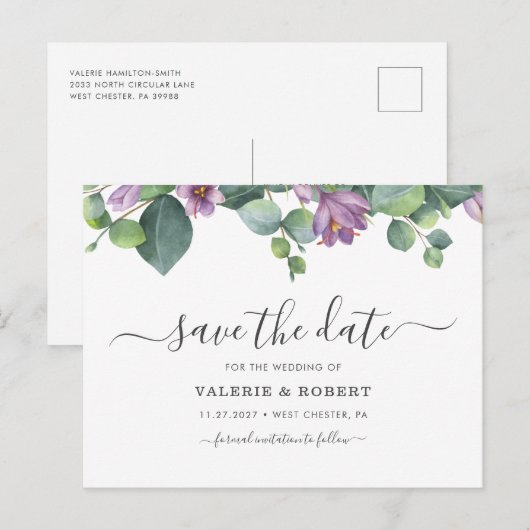 Carte Postale Faire-part Eucalyptus Floral Pourpre Save The Date (Devant / Derrière)