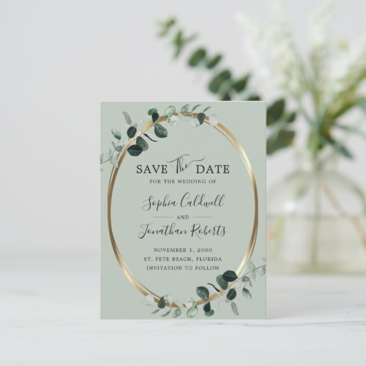 Carte Postale Faire-part Eucalyptus Gold Metallic Sage Enregistrer la date (Debout devant)