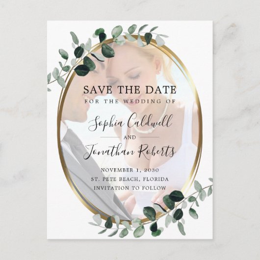Carte Postale Faire-part Eucalyptus Gold Photo Wedding Enregistrer la date (Devant)