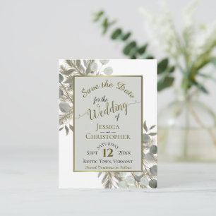 Carte Postale Faire-part Eucalyptus & Gold Pine Grey Mariage Enregistrer la
