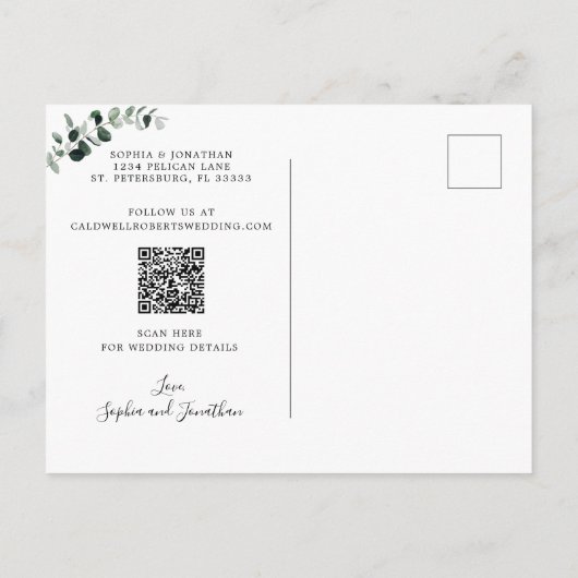 Carte Postale Faire-part Eucalyptus Gold Sage QR Code Enregistrer la date (Dos)