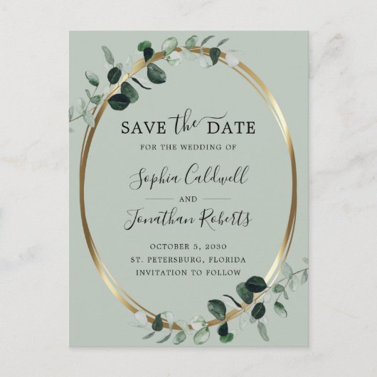 Carte Postale Faire-part Eucalyptus Gold Sage QR Code Enregistrer la date (Devant)