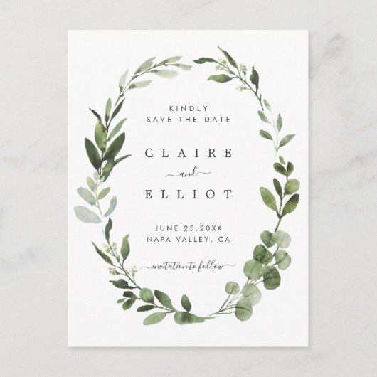 Carte Postale Faire-part Eucalyptus Green Foliage Wreath Enregistrer la dat (Devant)