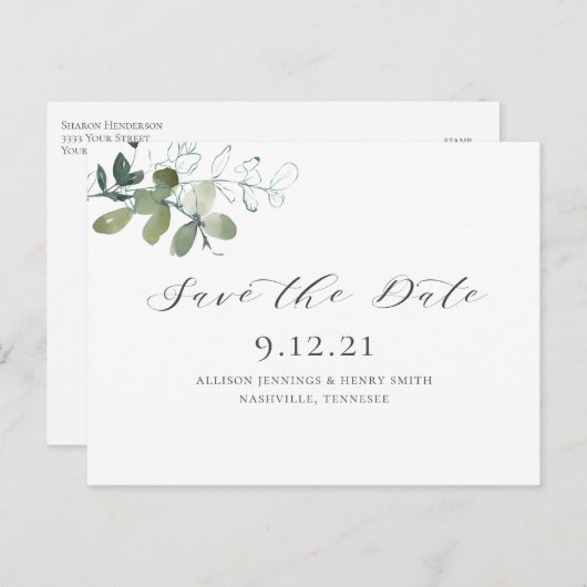 Carte Postale Faire-part Eucalyptus Green Save the Date Mariage (Devant / Derrière)