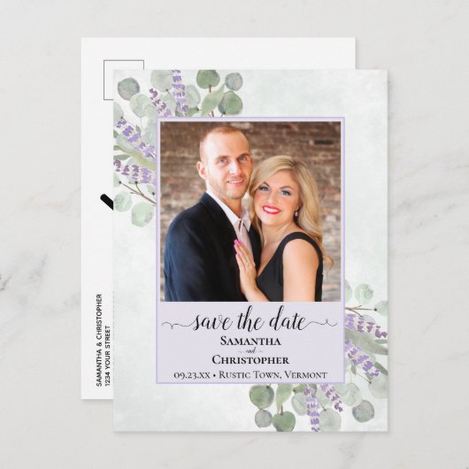 Carte Postale Faire-part Eucalyptus Mariage violet Enregistrer la date Phot (Devant / Derrière)