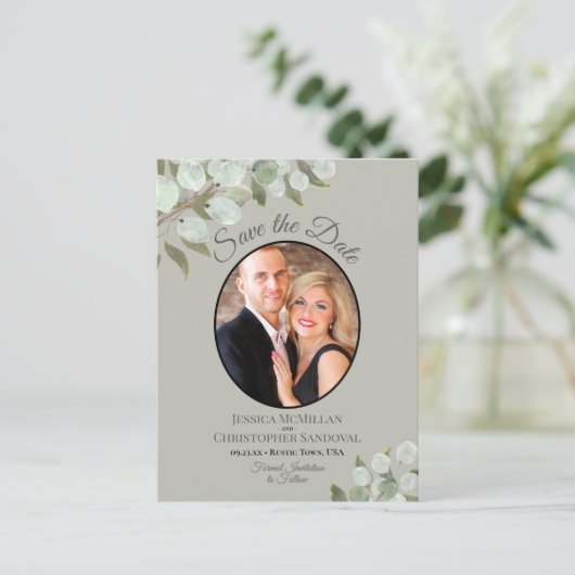Carte Postale Faire-part Eucalyptus & Photo Sage Wedding Enregistrer la dat (Debout devant)