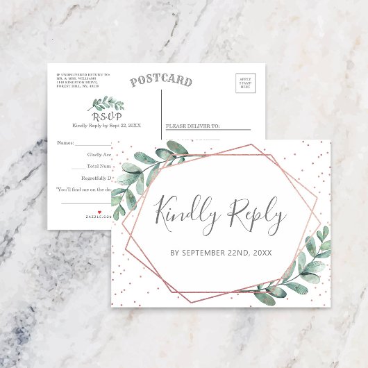 Carte Postale Faire-part Eucalyptus Rose géométrique Gold Foil Mariage RSVP
