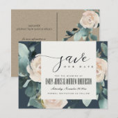 CARTE POSTALE FAIRE-PART EUCALYPTUS ROSE ROSE PÂLE BLEU MARINE KRAFT ÉCONOM (Devant / Derrière)