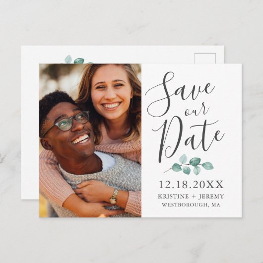 Carte Postale Faire-part Eucalyptus Script Gray Photo Sauvegarder Notre Dat (Devant / Derrière)