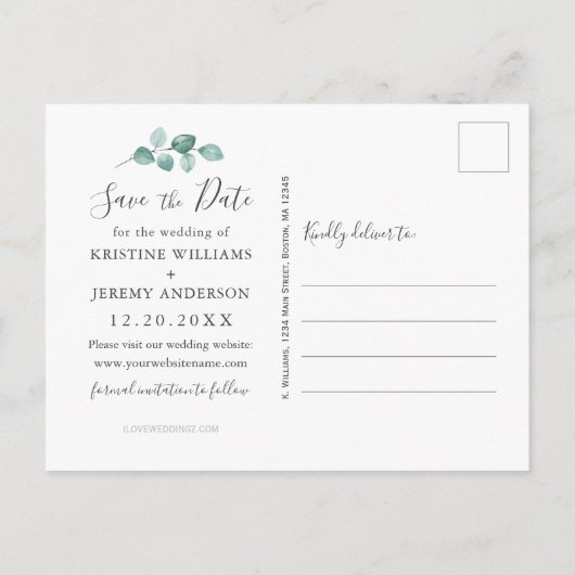 Carte Postale Faire-part Eucalyptus Script Gray Photo Sauvegarder Notre Dat (Dos)