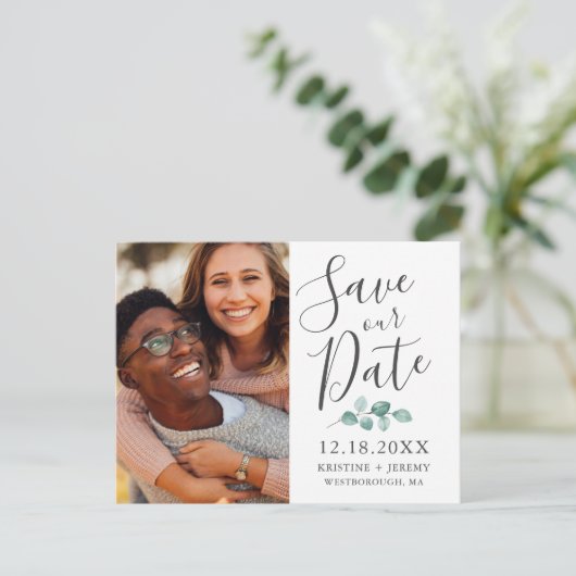 Carte Postale Faire-part Eucalyptus Script Gray Photo Sauvegarder Notre Dat (Debout devant)