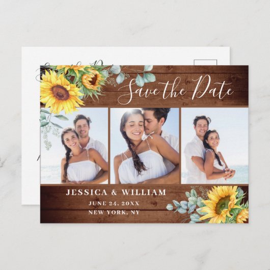 Carte Postale Faire-part Eucalyptus tournesol 3 photo Mariage Enregistrer l (Devant / Derrière)