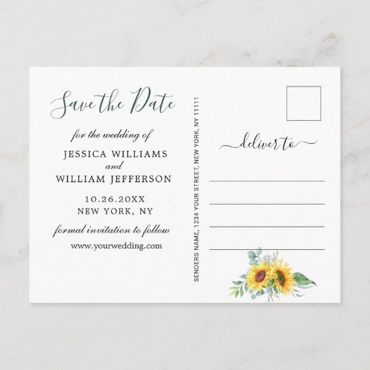 Carte Postale Faire-part Eucalyptus tournesol 3 photo Mariage Enregistrer l (Dos)