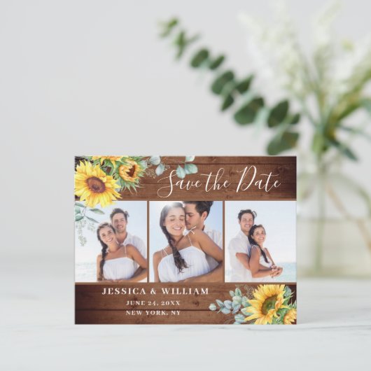 Carte Postale Faire-part Eucalyptus tournesol 3 photo Mariage Enregistrer l (Debout devant)