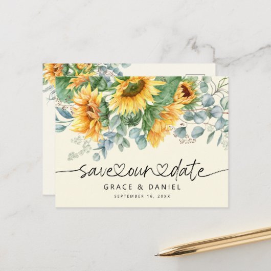 Carte Postale Faire-part Eucalyptus Tournesol Rustique Économisez Notre Dat (Devant/Arrière en situation)