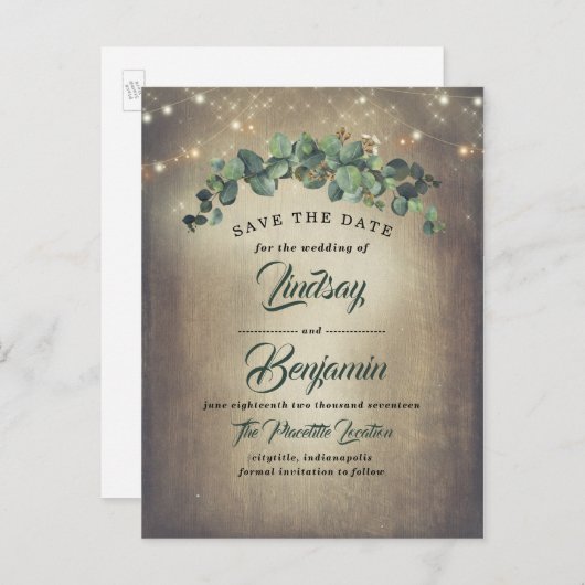 Carte Postale Faire-part Eucalyptus Verdure Rustique Enregistrer la date (Devant / Derrière)