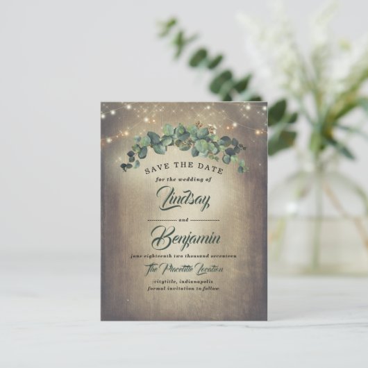 Carte Postale Faire-part Eucalyptus Verdure Rustique Enregistrer la date (Debout devant)