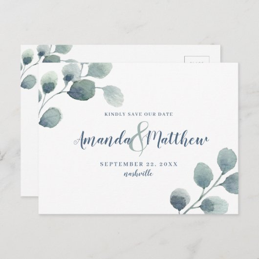 Carte Postale Faire-part Eucalyptus Vert Enregistrer la date Aquarelle bleu (Devant / Derrière)