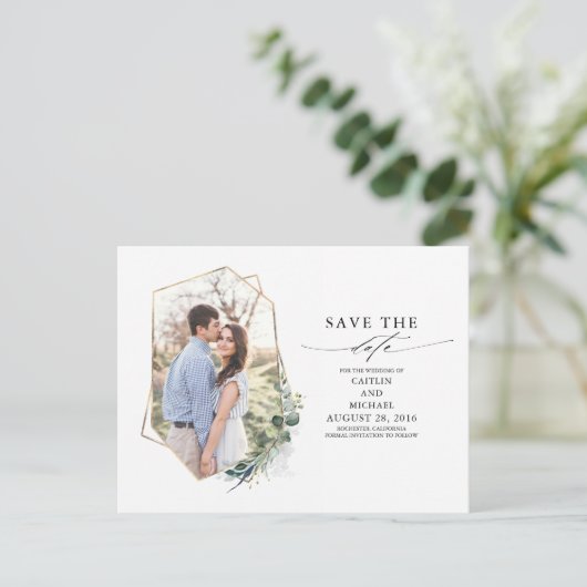 Carte Postale Faire-part Eucalyptus vert Photo Enregistrer la date (Debout devant)