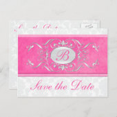 Carte Postale Faire-part Événement à retenir rose, blanc et gris damassé (Devant / Derrière)