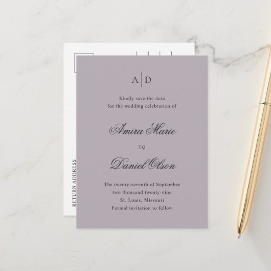 Carte Postale Faire-part Événement Mariage Classique Lilas Poussiéreux à Sa (Devant/Arrière en situation)