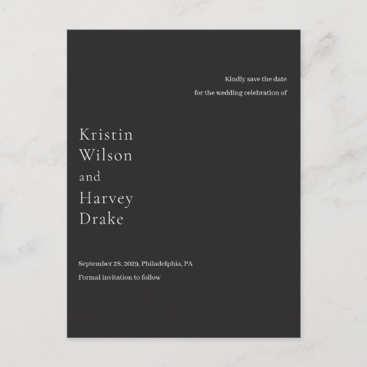 Carte Postale Faire-part Événement Mariage Moderne Noir Élégant Enregistrer (Devant)