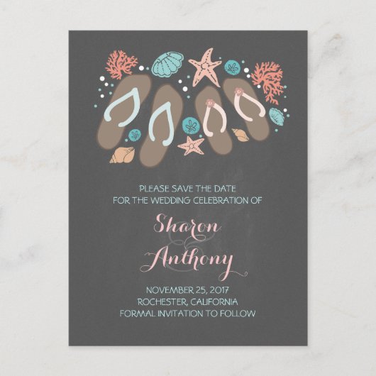 Carte Postale Faire-part Événement mignon de mariage à la plage avec sandal (Devant)