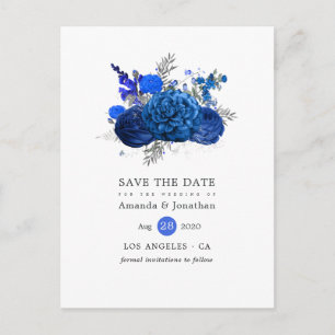 Carte Postale Faire-part Événement Royal Bleu et Fleurs Argentées Mariage É